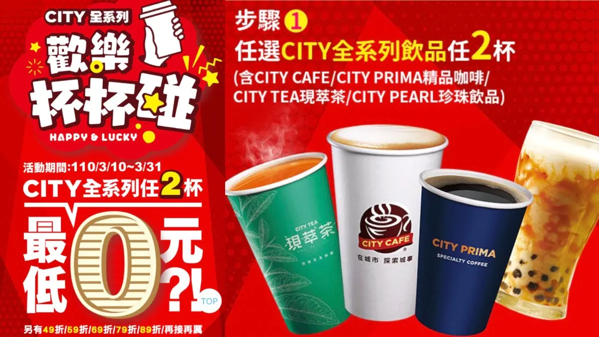 任2杯最低0元爽喝！連續22天CITY全系列超嗨「歡樂杯杯碰」來了，小七門市、APP都可抽
