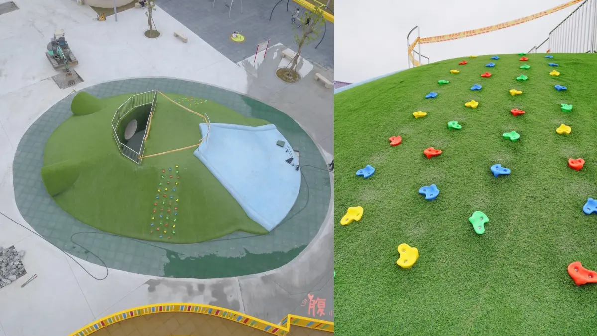 小孩放電天堂！苗栗馬卡龍色「灣麗親子公園」，先玩煙囪滑梯、彩虹步道、斗笠攀爬網