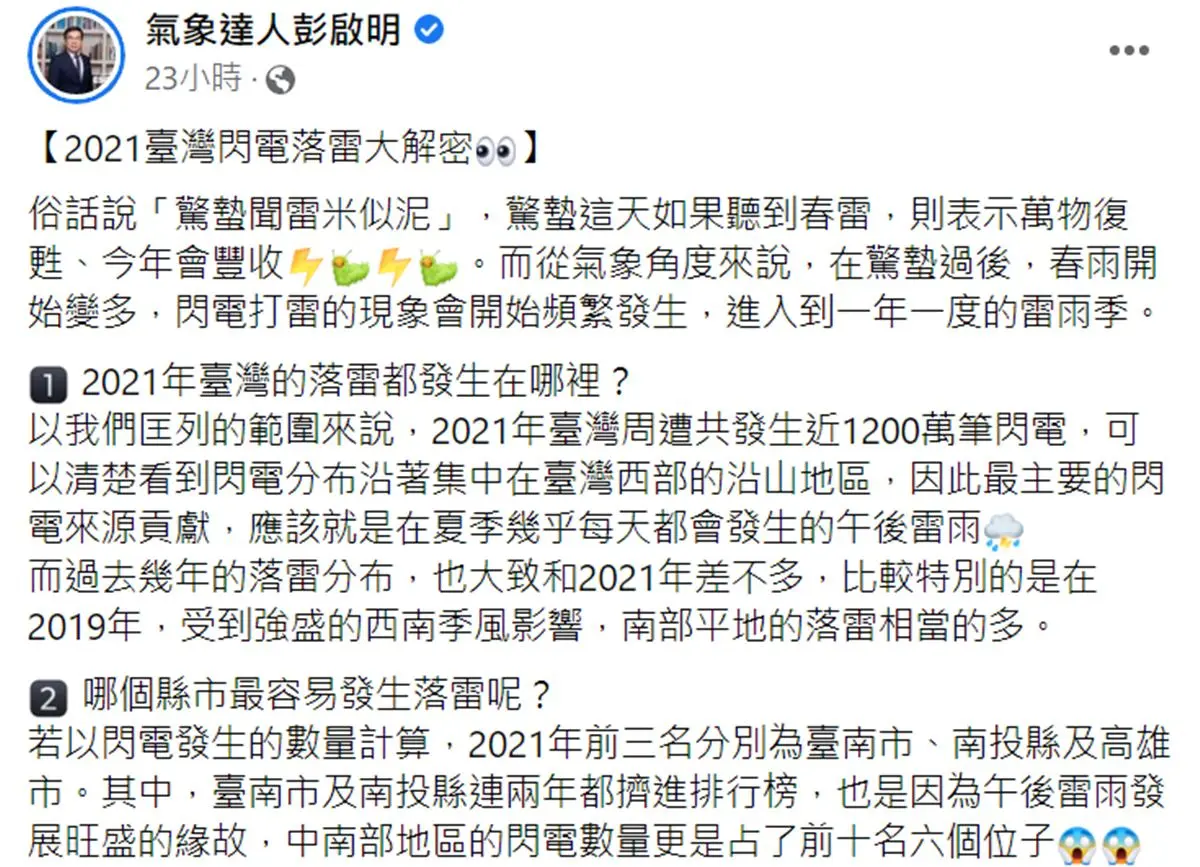 雷雨季來了!全台1縣市最容易「被雷打到」,週末變天連4天有雨 雷雨季來了!全台1縣市最容易「被雷打到」,週末變天連4天有雨