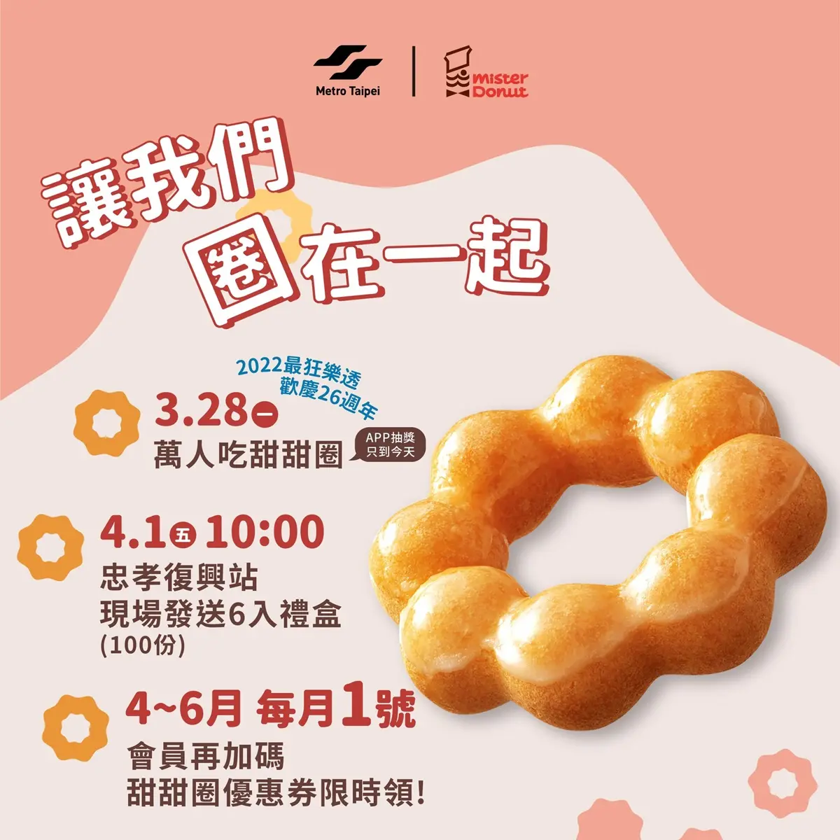 搭捷運就送甜甜圈！Mister Donut６入禮盒免費拿，再抽買６送３優惠券