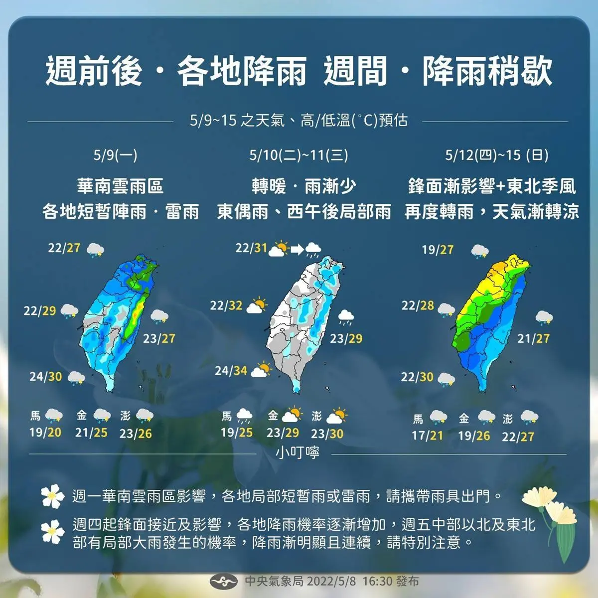 首波梅雨報到！全台有雨「連下４天」、低溫下探16度，這週天氣一次看