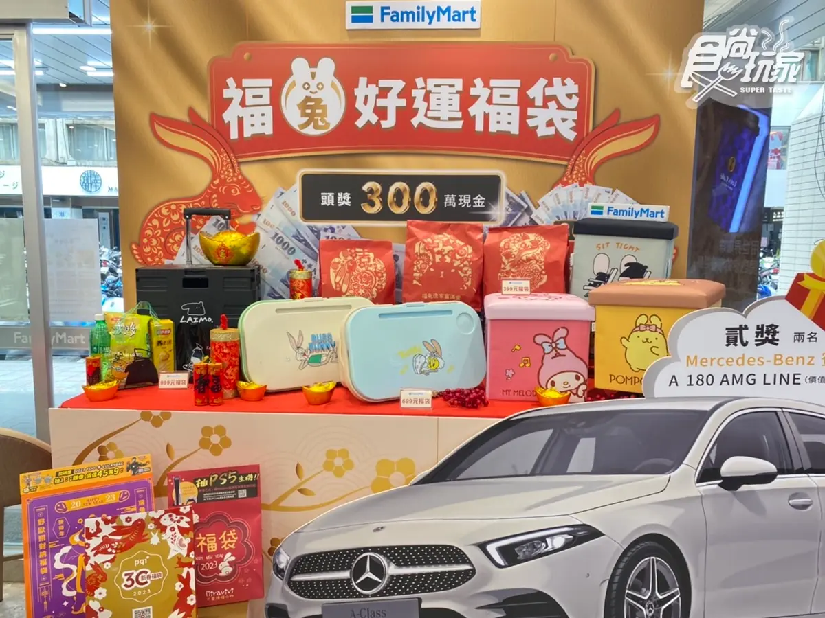2023兔年最強福袋15家:396萬瑪莎拉蒂、免費玩世界5大洲、現金300萬元 全家10大新春福袋開箱!三麗鷗收納箱、馬來貘推車先搶,頭獎爽拿300萬現金