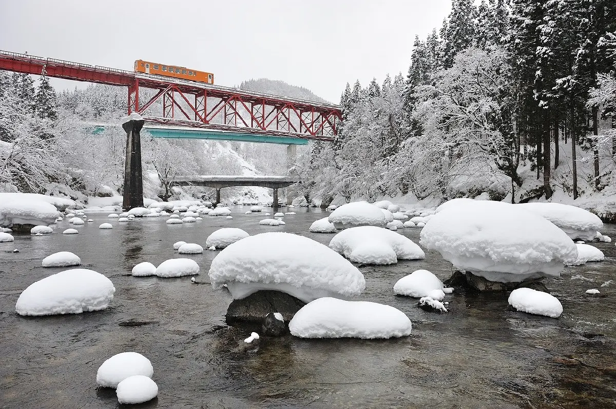 最美雪國列車！日本秋田必玩鐵道旅行，還可樹冰中滑雪、訪400年小京都