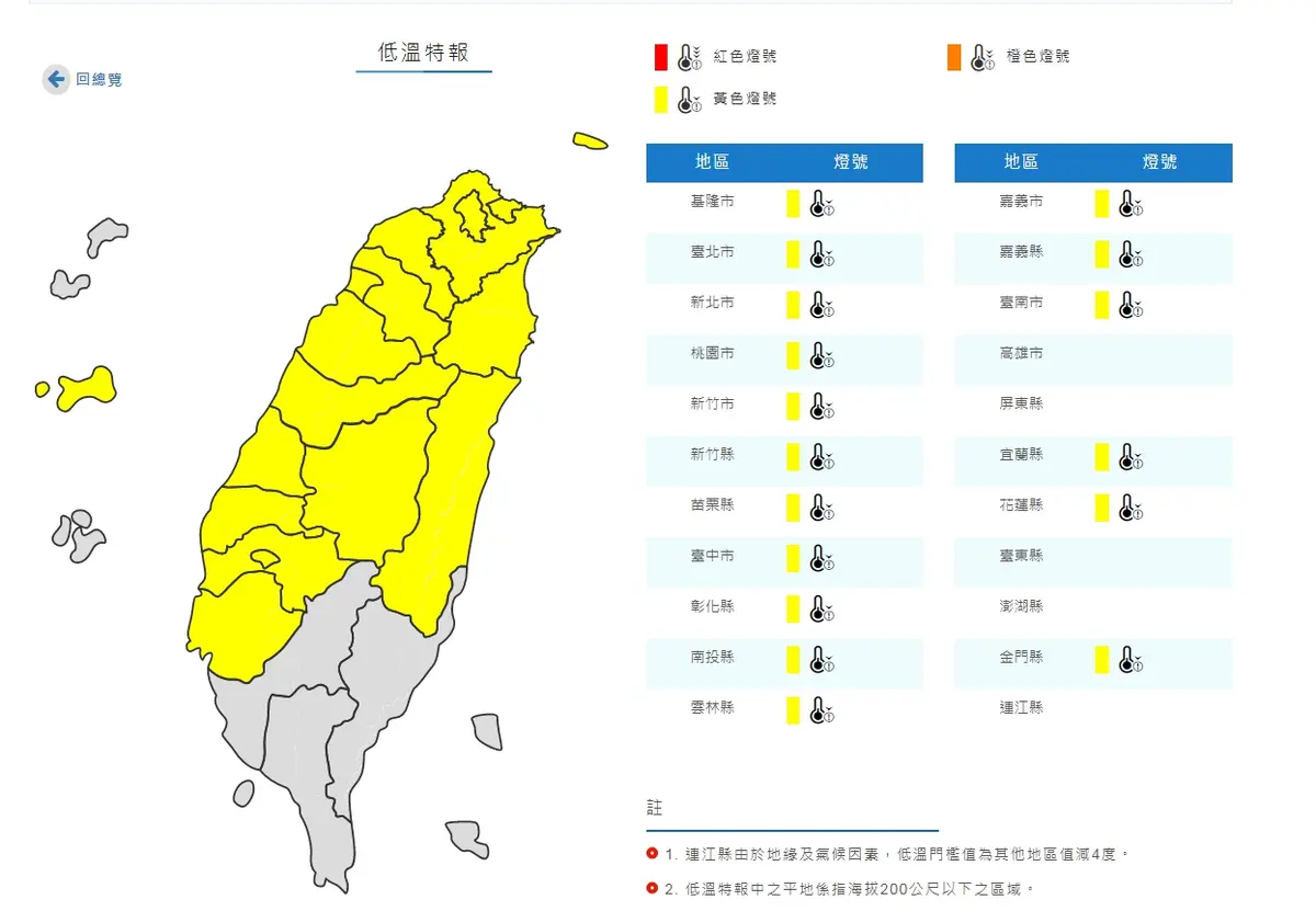 追雪族預備備!17縣市「低溫特報」、全台急凍10度,太平山有望下雪 氣象局針對17縣市發布低溫特報。(圖/中央氣象局) 冷氣團來了!17縣市急凍「跌破10度」太平山有望下雪